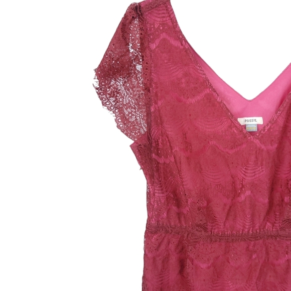 FOSSIL XS Penny Lace Overlay Mini Dress Wine Red Femine Romantic - Picture 7 of 13
